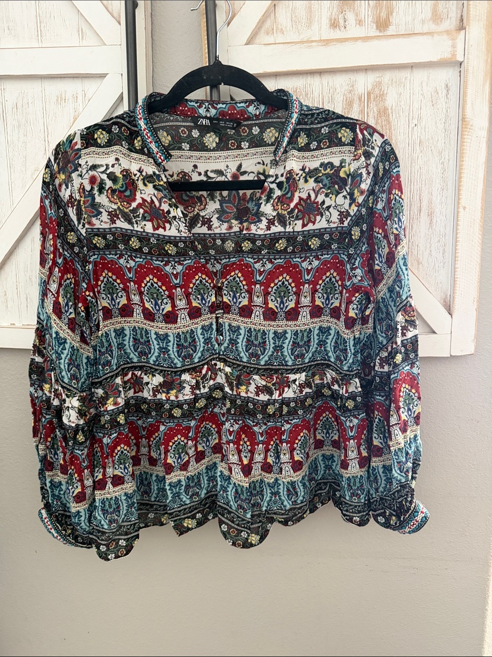 Zara Multicolor Boho Print Long Sleeve Blouse button front